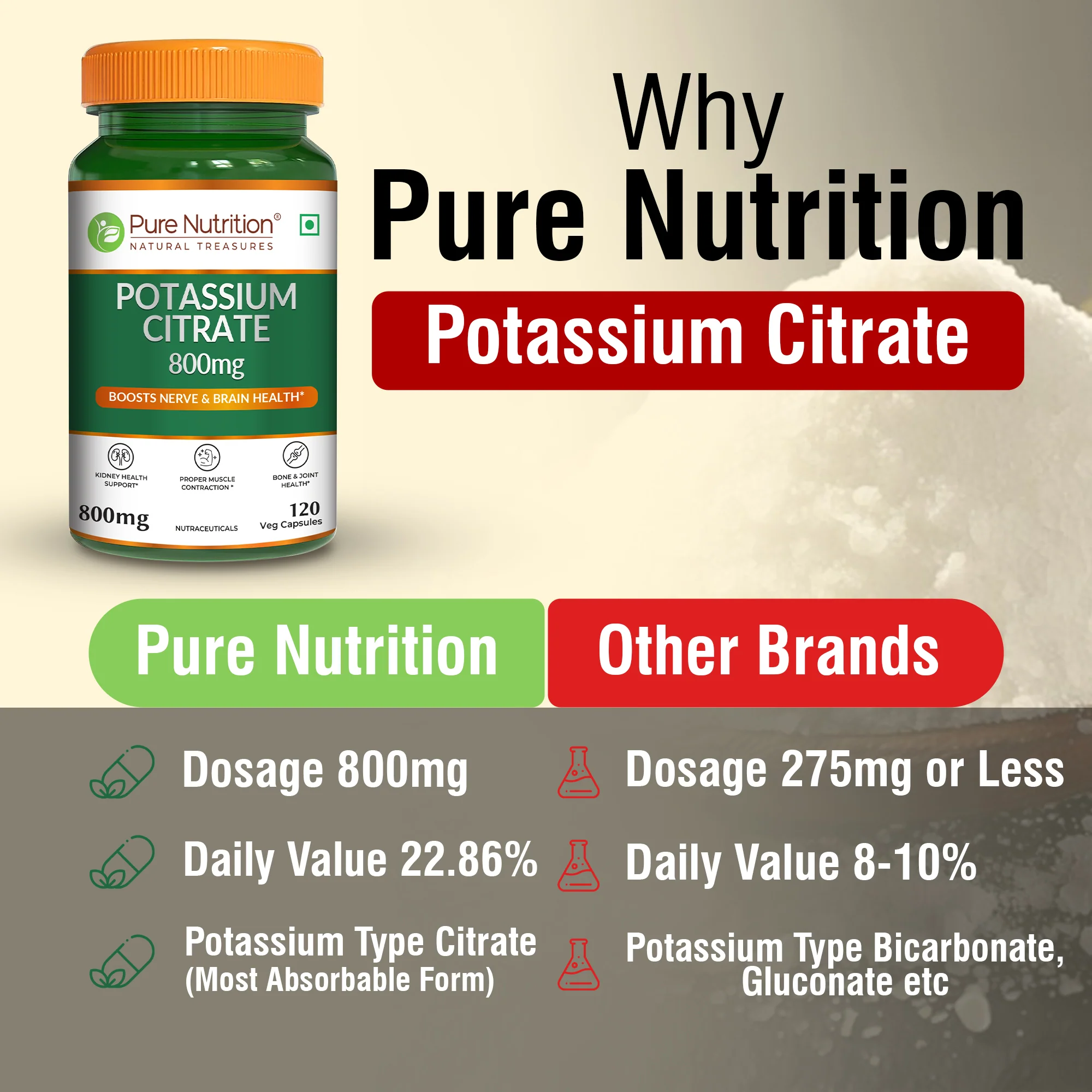 Potassium Citrate 800mg – Nerve, Kidney & Bone Support | 120 Veg Capsules - Image 3