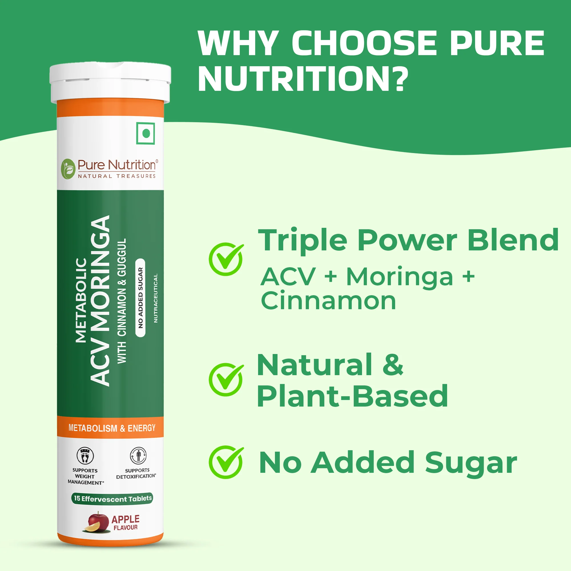 Pure Nutrition ACV Moringa Effervescent Tablets – Apple Flavour – 15 Tablets - Image 5