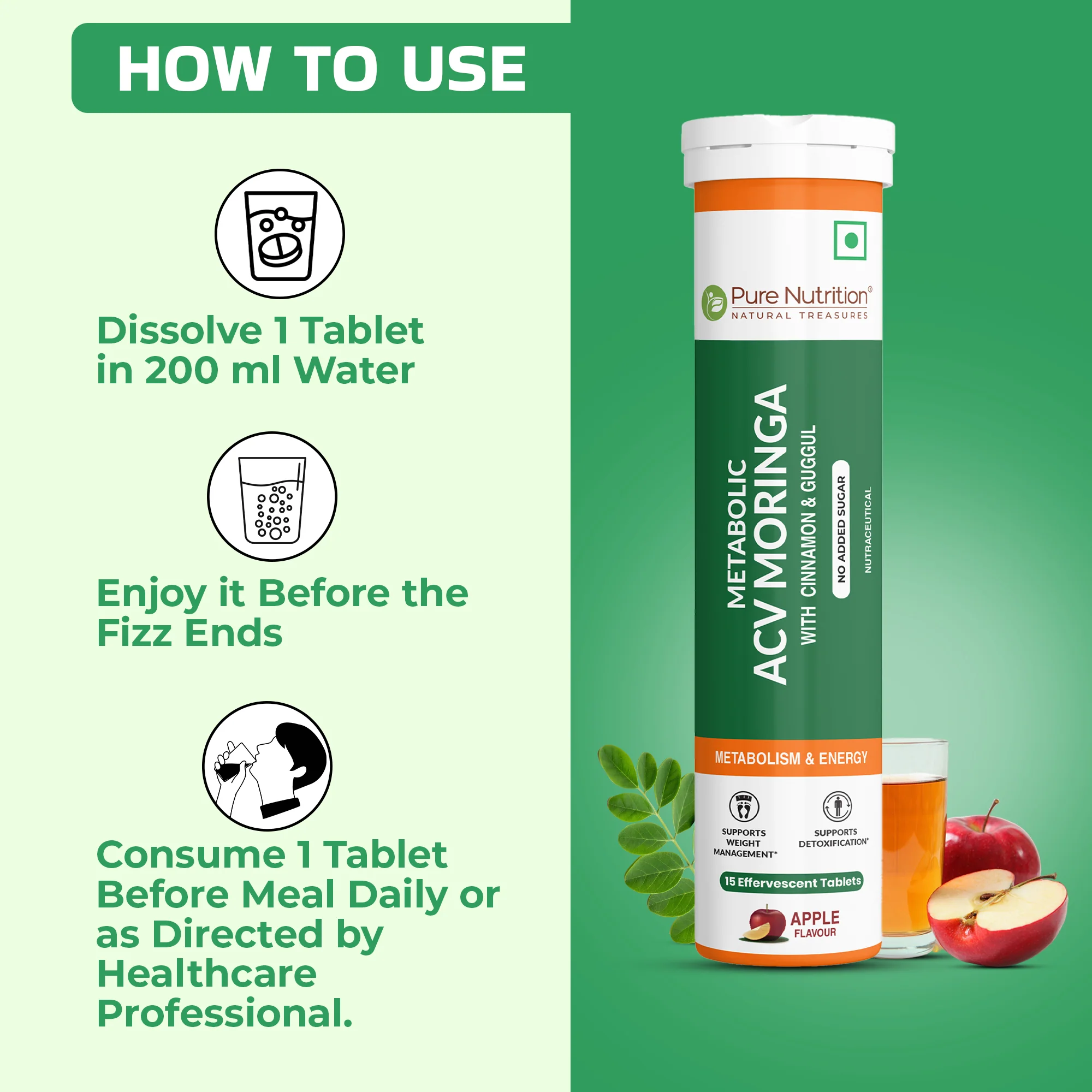 Pure Nutrition ACV Moringa Effervescent Tablets – Apple Flavour – 15 Tablets - Image 6