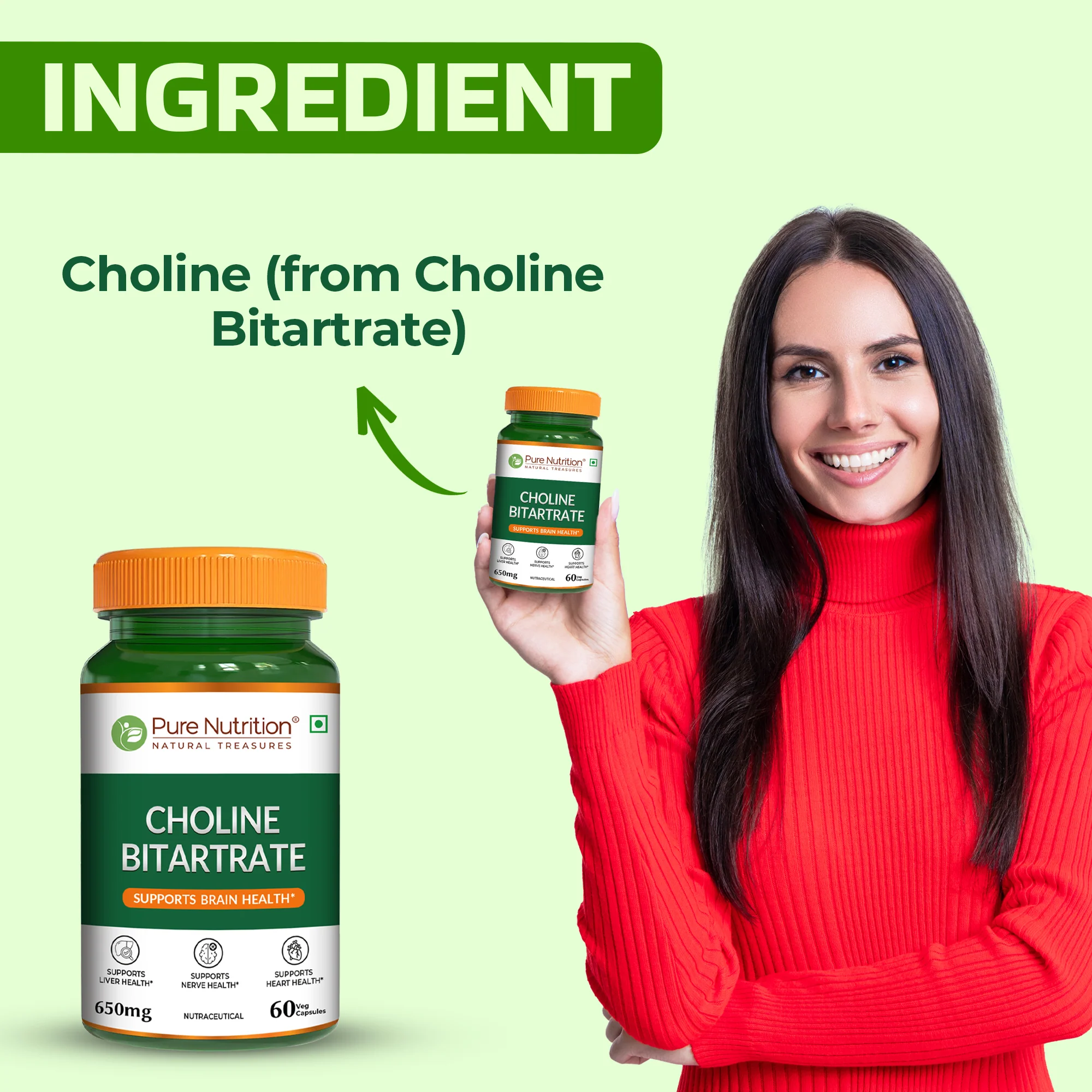 Pure Nutrition Choline Bitartrate 650mg | 60 Veg Capsules | Brain & Nerve Support - Image 2