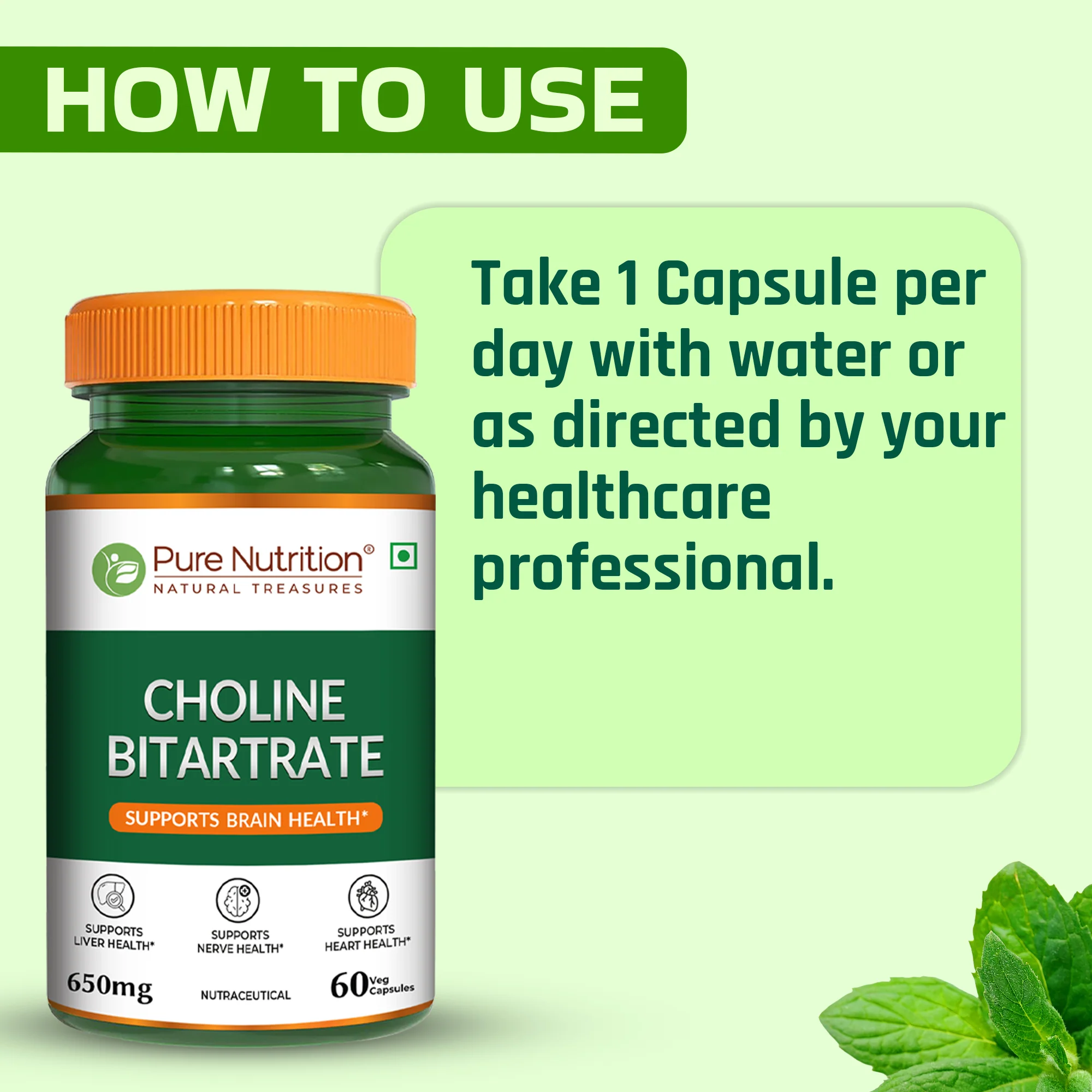 Pure Nutrition Choline Bitartrate 650mg | 60 Veg Capsules | Brain & Nerve Support - Image 5