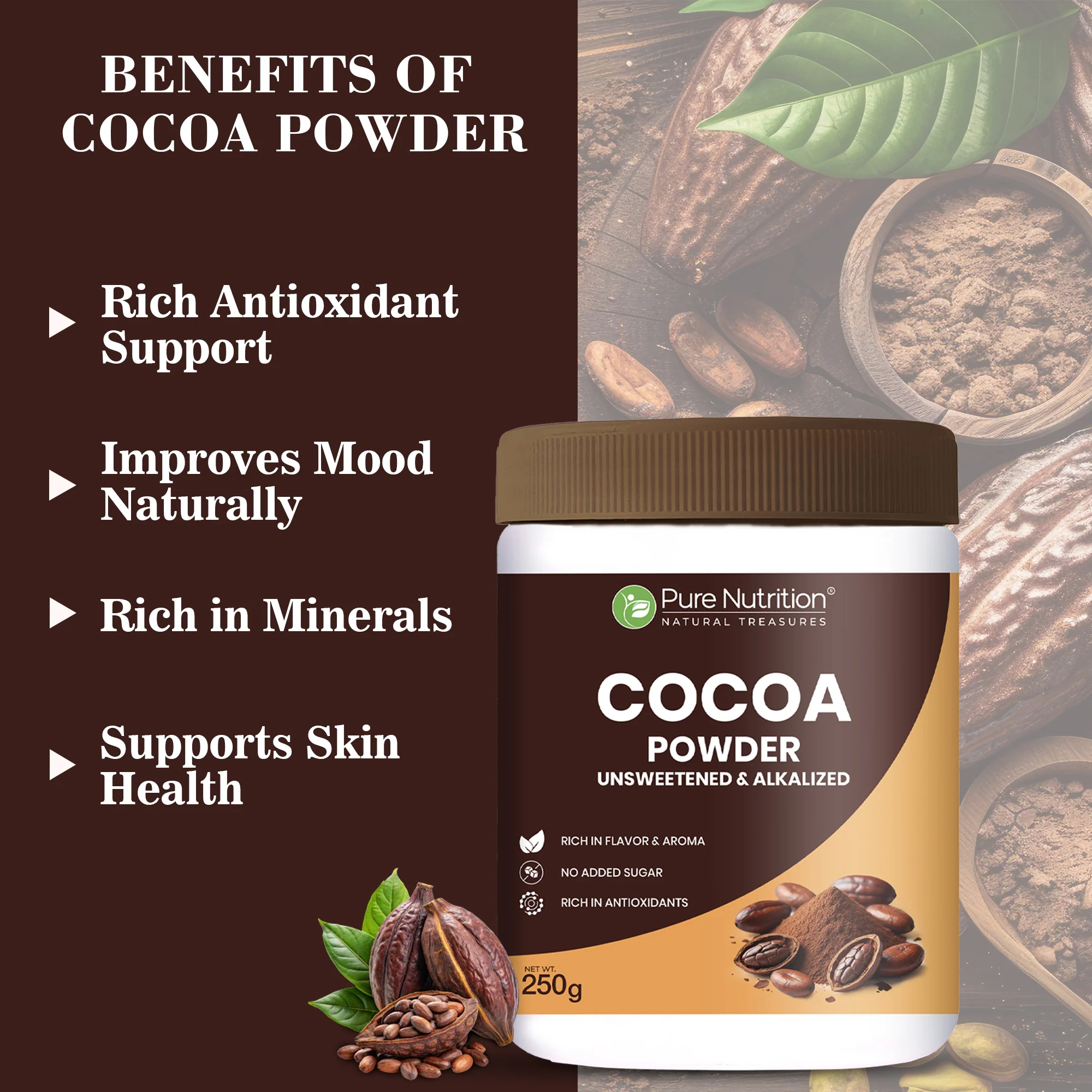 Pure Nutrition Cocoa Powder – Unsweetened & Alkalized | Rich Aroma & Flavor | 250g - Image 3