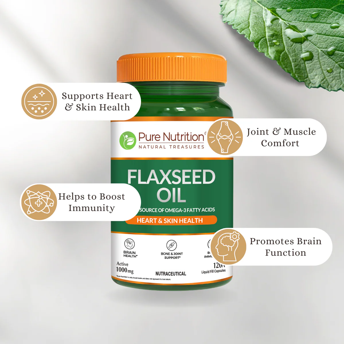 Flaxseed Oil Capsules | 1000mg | Rich in Omega-3 Fatty Acids | Supports Heart, Skin & Brain Health | 120 Liquid-Filled Capsules - Image 3