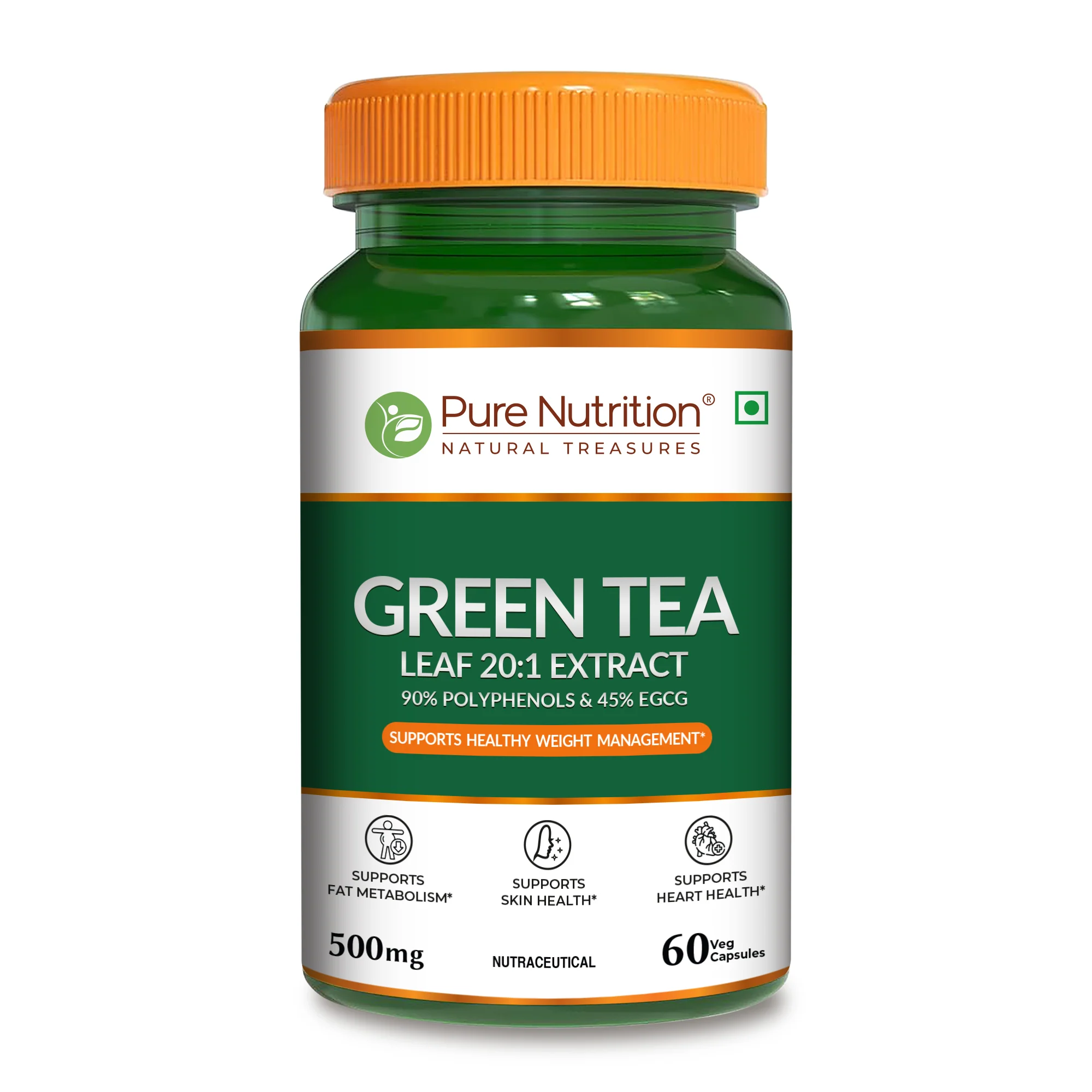 Pure Nutrition Green Tea Leaf 20:1 Extract – 500 mg, 60 Veg Capsules