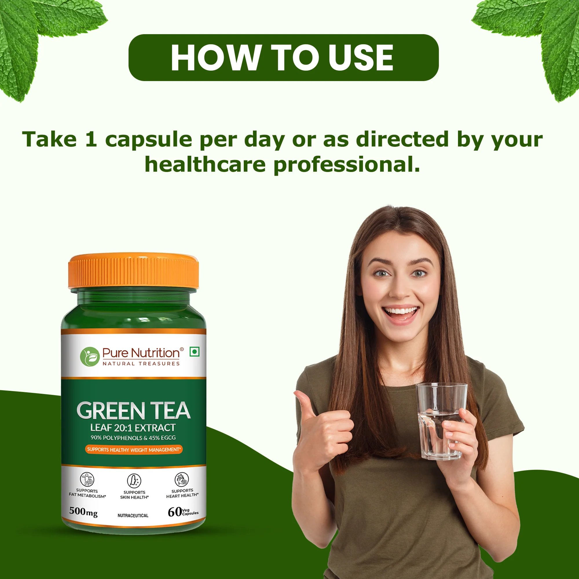 Pure Nutrition Green Tea Leaf 20:1 Extract – 500 mg, 60 Veg Capsules - Image 2