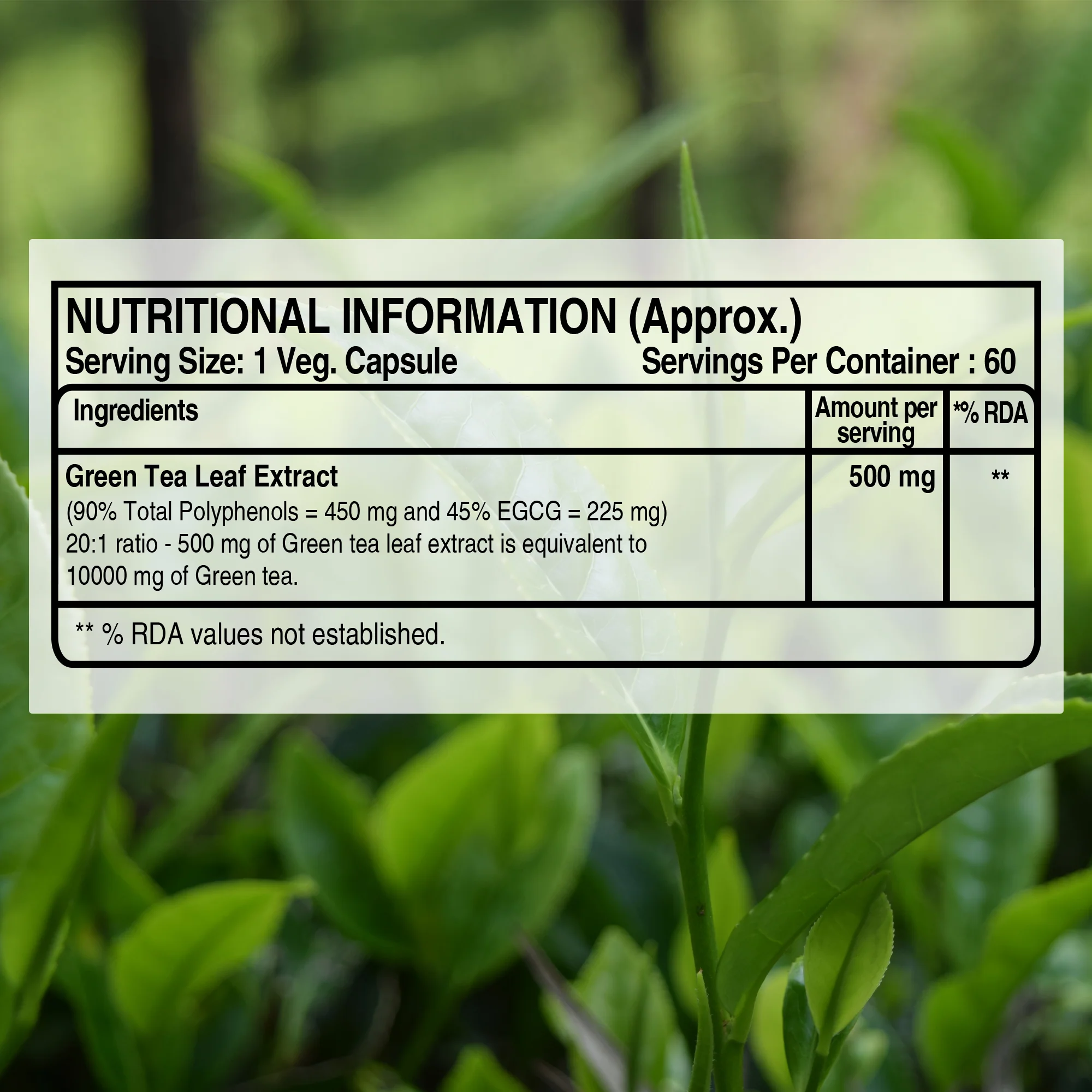 Pure Nutrition Green Tea Leaf 20:1 Extract – 500 mg, 60 Veg Capsules - Image 7