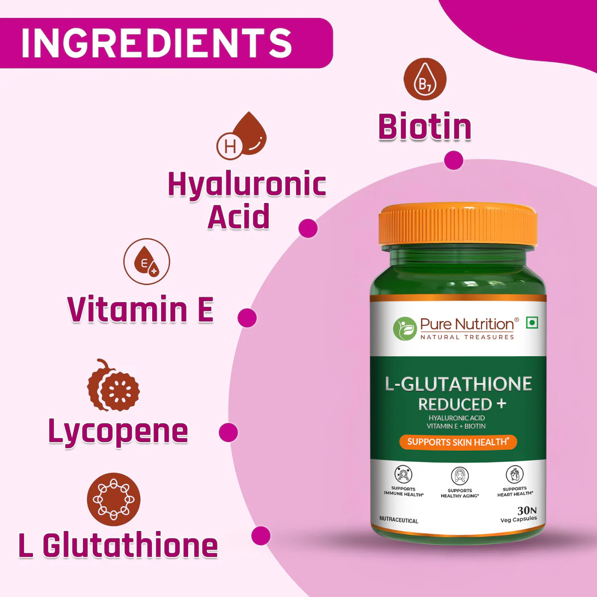 Pure Nutrition L-Glutathione Reduced+ with Hyaluronic Acid, Vitamin E, Biotin & Lycopene | Veg Capsules - Image 4