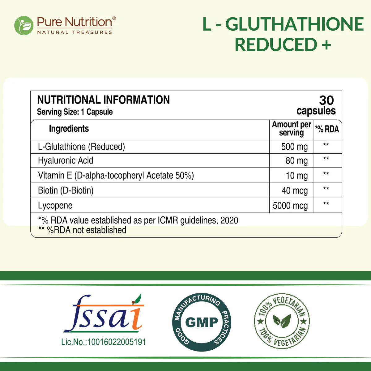Pure Nutrition L-Glutathione Reduced+ with Hyaluronic Acid, Vitamin E, Biotin & Lycopene | Veg Capsules - Image 6