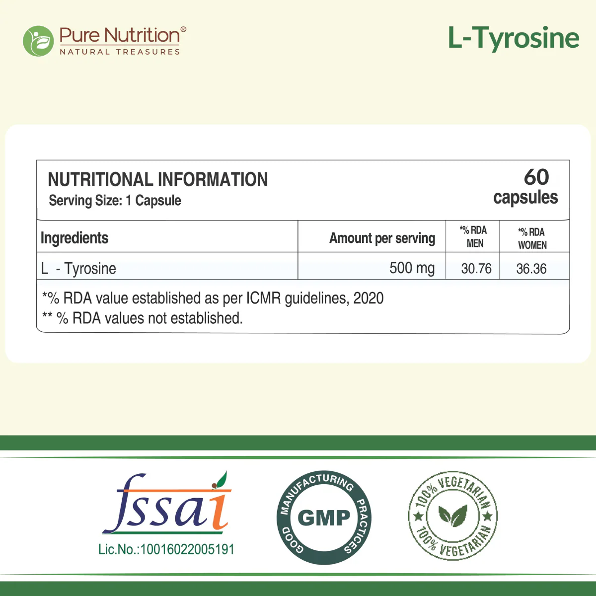 Pure Nutrition L-Tyrosine 500 mg Veg Capsules - Image 6