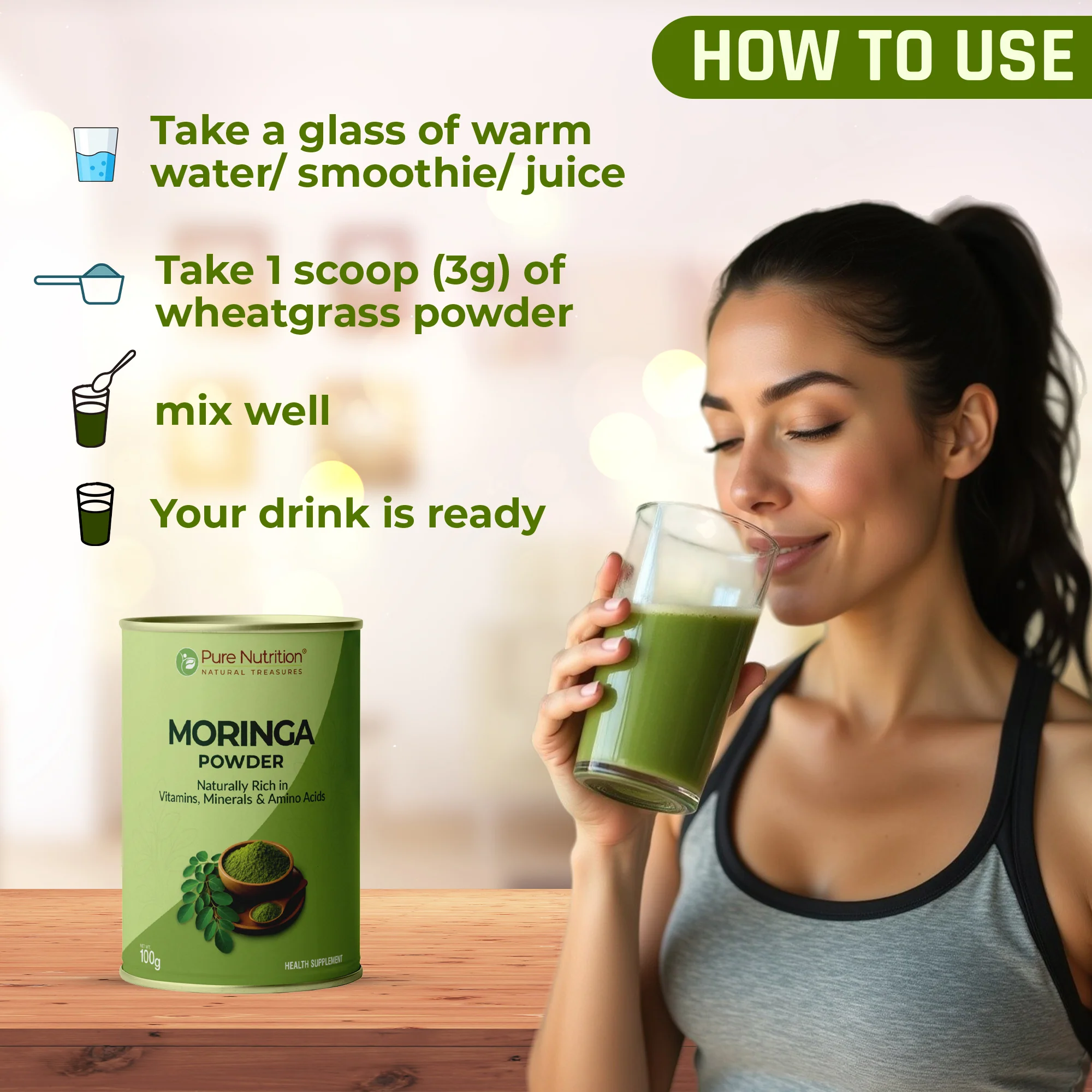 Pure Nutrition Moringa Powder – Naturally Rich in Vitamins, Minerals & Amino Acids (100g) - Image 2