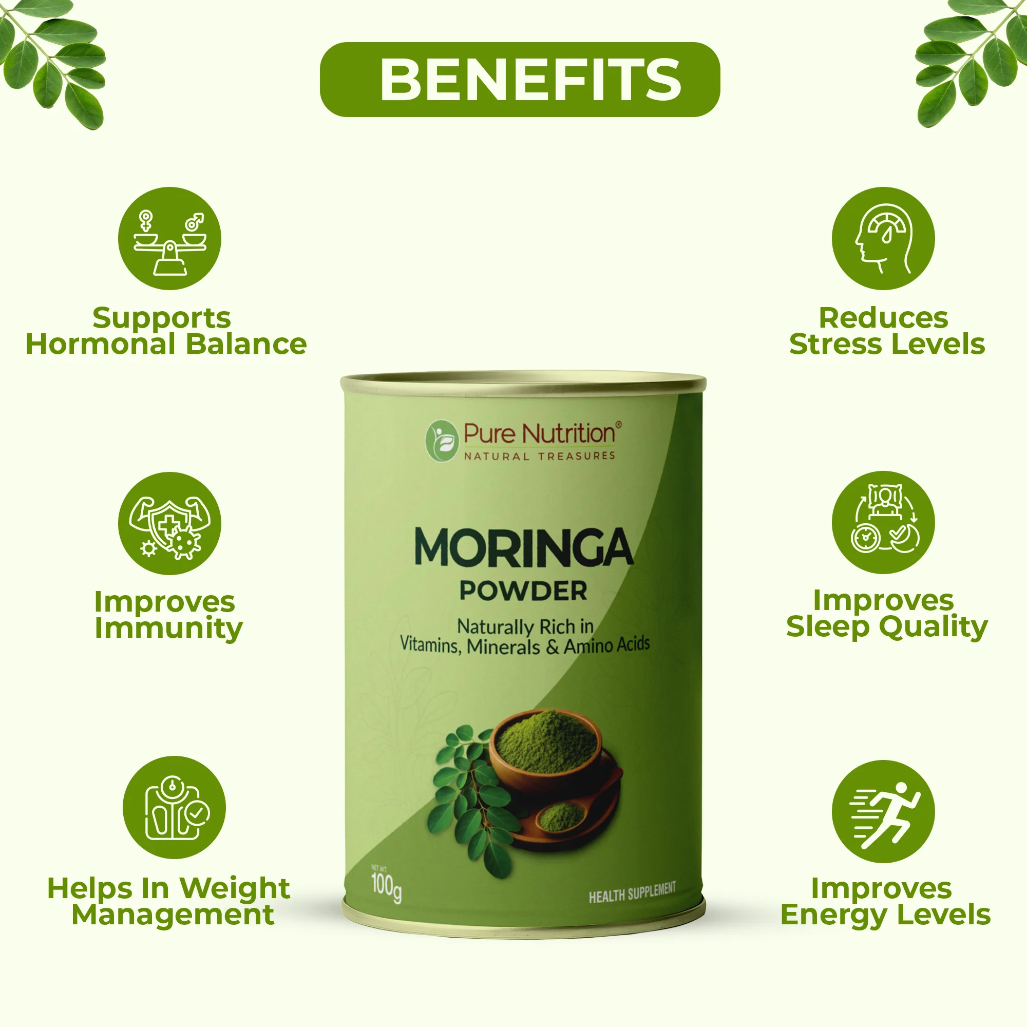 Pure Nutrition Moringa Powder – Naturally Rich in Vitamins, Minerals & Amino Acids (100g) - Image 4