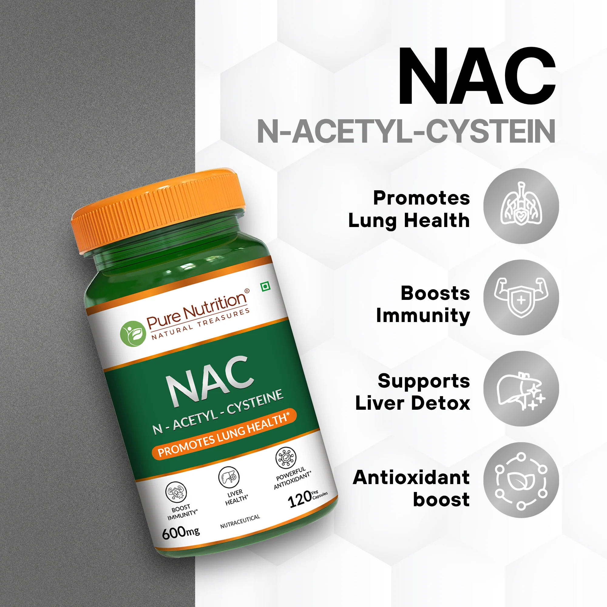Pure Nutrition NAC (N-Acetyl-Cysteine) 600 mg – 120 Veg Capsules - Image 3