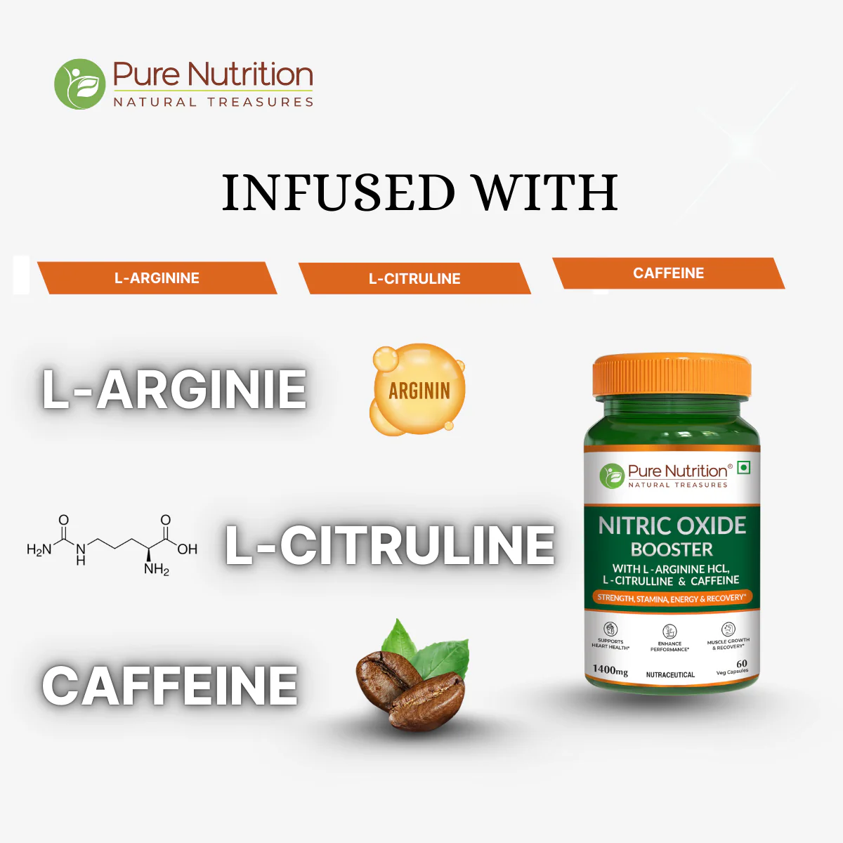 Pure Nutrition Nitric Oxide Booster – L-Arginine HCL, L-Citrulline & Caffeine – Strength, Stamina, Energy & Recovery – 60 Veg Capsules - Image 7