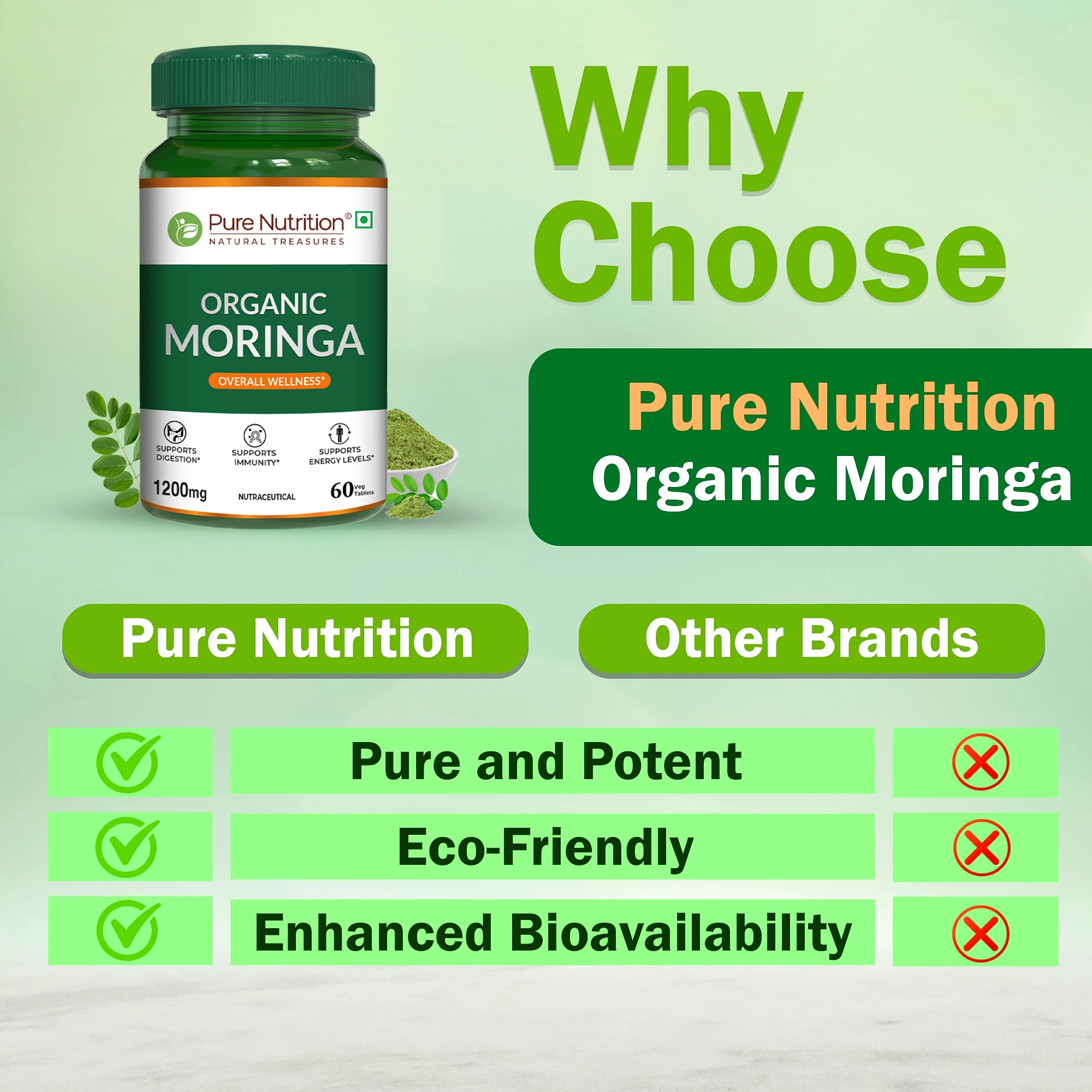 Pure Nutrition Organic Moringa – 1200 mg | 60 Veg Tablets - Image 5