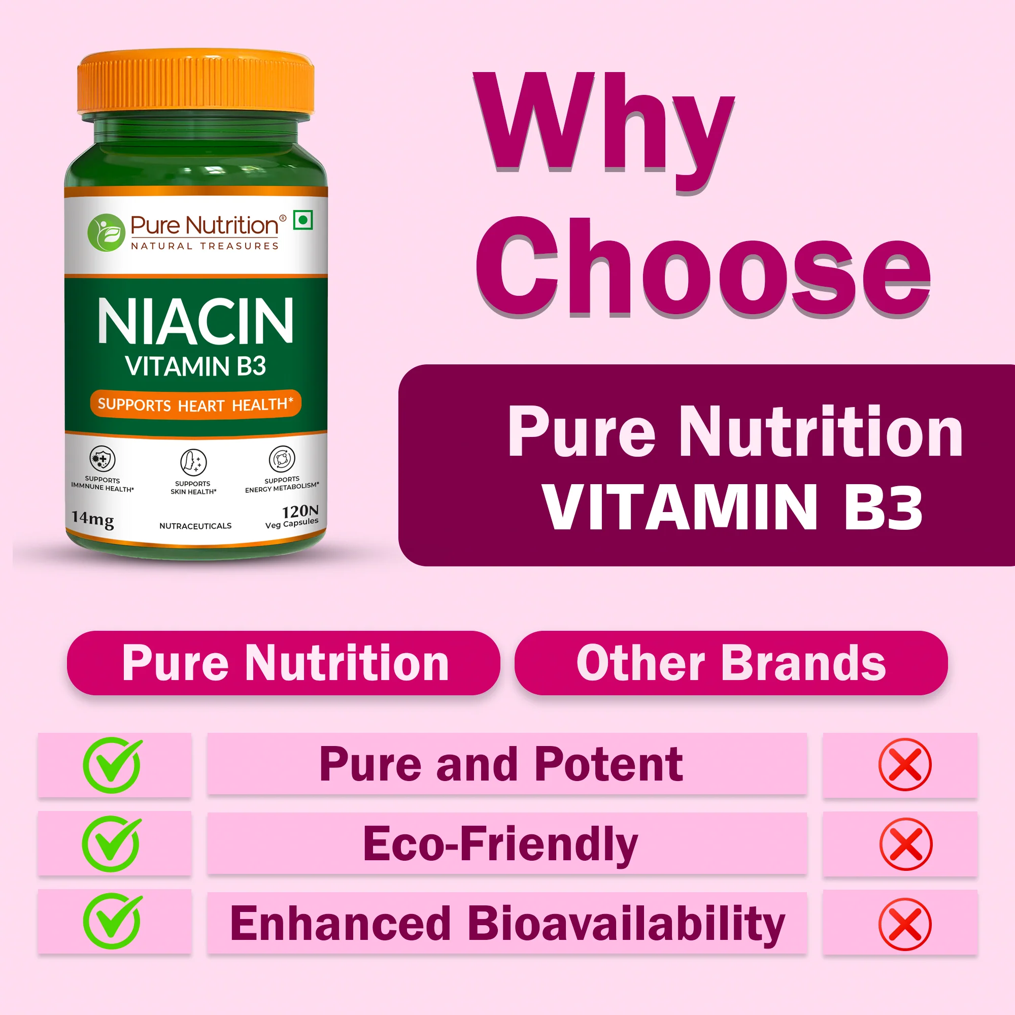 Pure Nutrition Vitamin B3 Niacin – 120 Veg Capsules - Image 3