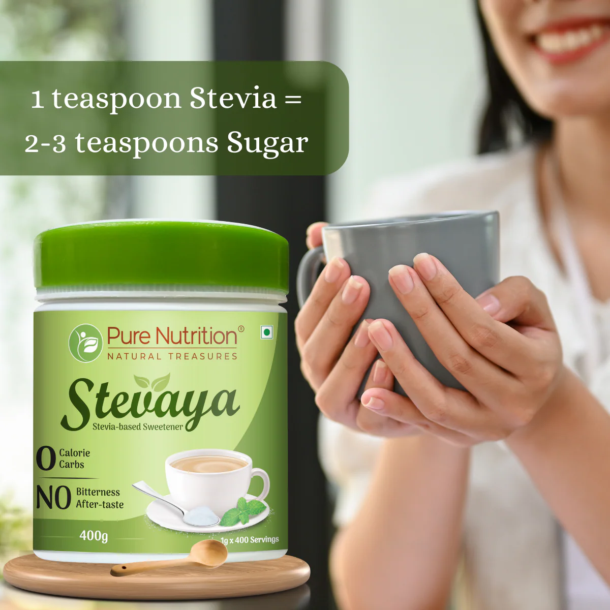 Stevaya Stevia Based Natural Sweetener - 400 Grams | Zero Calorie Sugar Substitute | Ideal for Beverages and Baking - Image 4