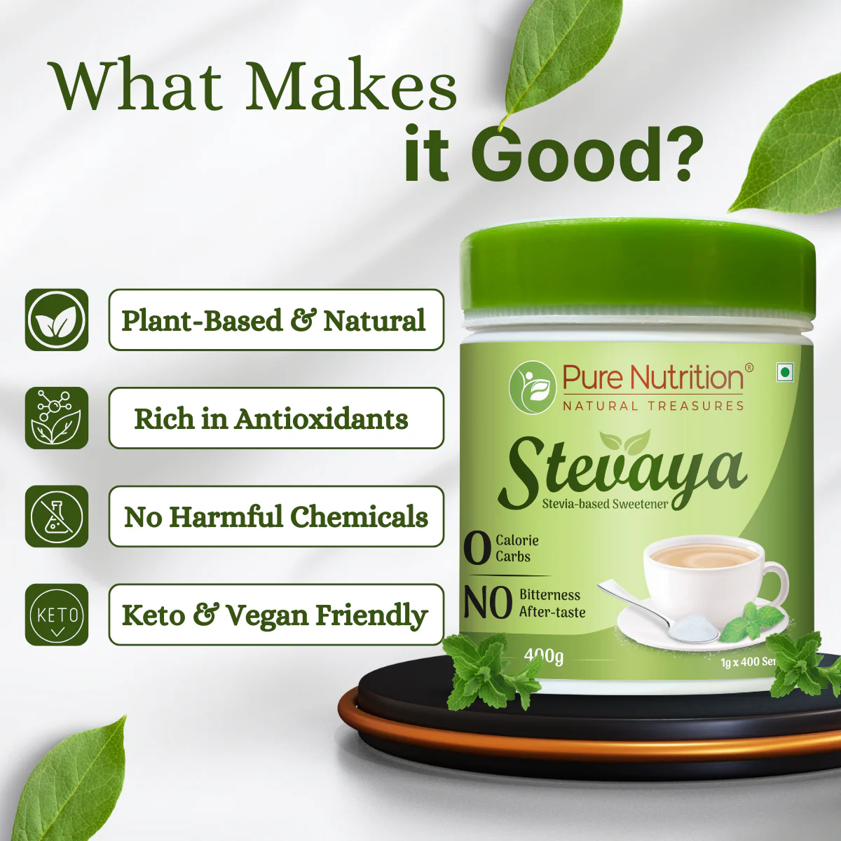 Stevaya Stevia Based Natural Sweetener - 400 Grams | Zero Calorie Sugar Substitute | Ideal for Beverages and Baking - Image 5