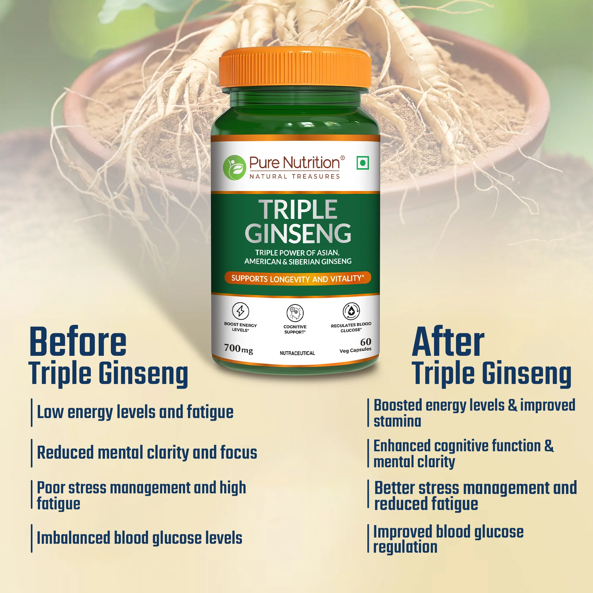 Triple Ginseng Complex - 60 Veg Capsules | Korean, American & Siberian Ginseng Blend for Energy & Vitality - Image 3