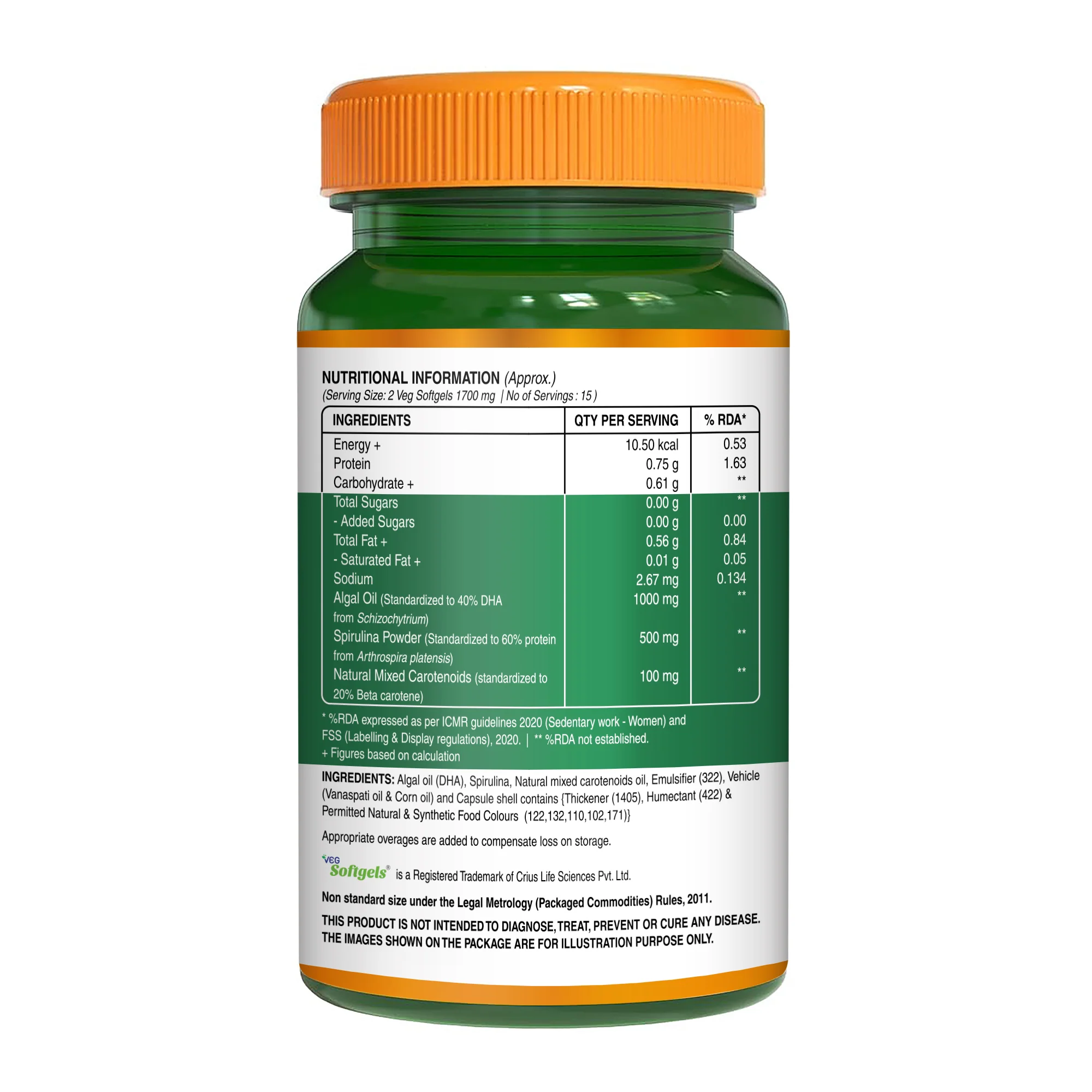 Veg Omega Supplement with Spirulina & Carotenoids 1700mg - 30 Capsules - Image 7