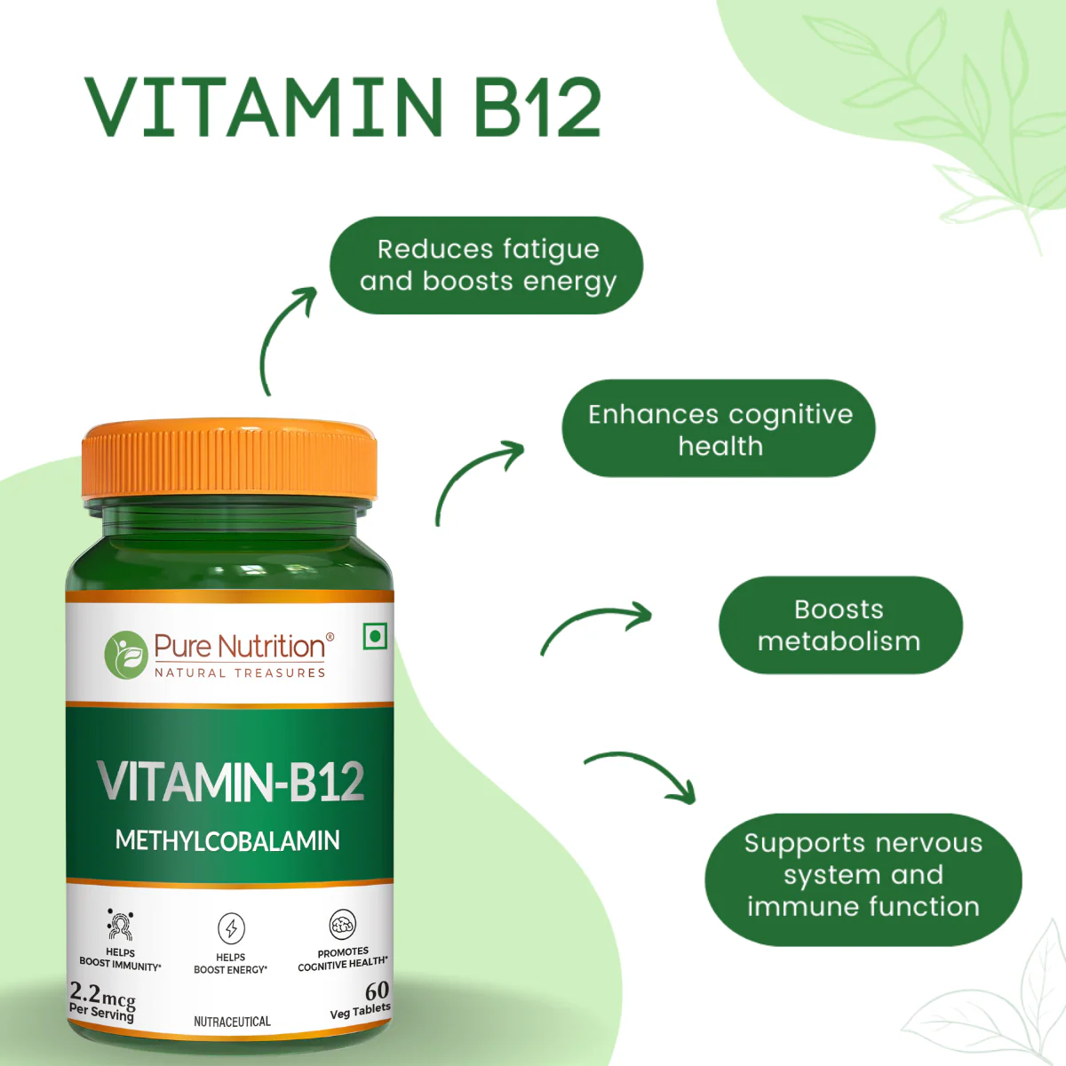 Vitamin B12 Methylcobalamin - 60 Vegetarian Tablets | Supports Energy and Overall Wellness for Men and Women - Image 2