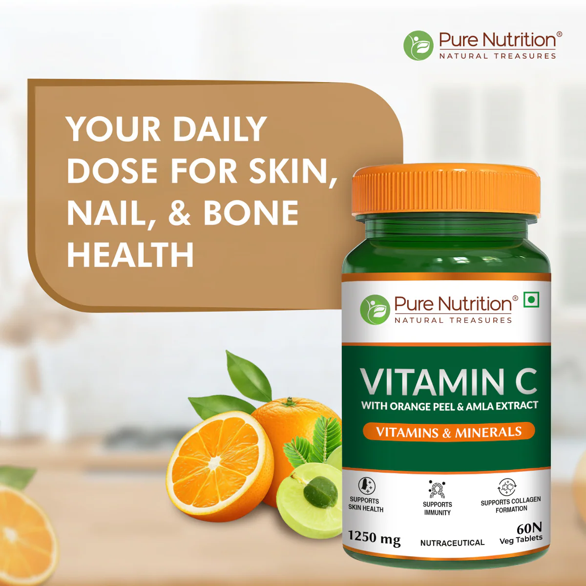 Vitamin C 1250mg -60 tablets with Orange Peel & Amla Extract for Skin & Immunity - Image 3