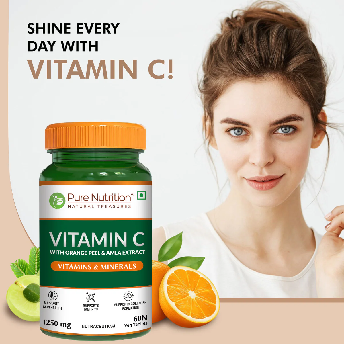Vitamin C 1250mg -60 tablets with Orange Peel & Amla Extract for Skin & Immunity - Image 4