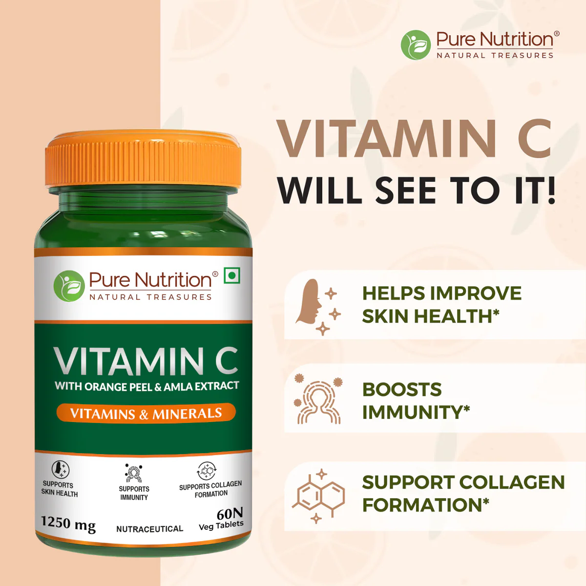 Vitamin C 1250mg -60 tablets with Orange Peel & Amla Extract for Skin & Immunity - Image 5
